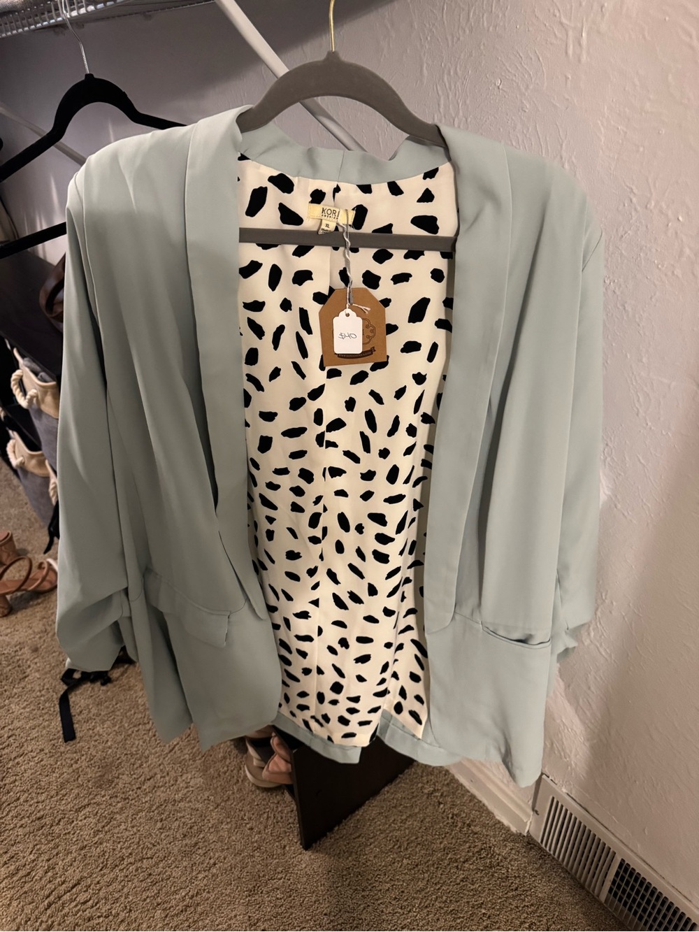 Kori Mint Open-Front Draped Blazer with Black & White Printed Lining